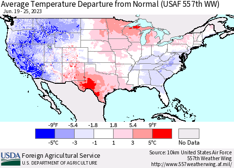 United States Average Temperature Departure from Normal (USAF 557th WW) Thematic Map For 6/19/2023 - 6/25/2023