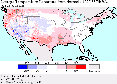 United States Average Temperature Departure from Normal (USAF 557th WW) Thematic Map For 6/26/2023 - 7/2/2023
