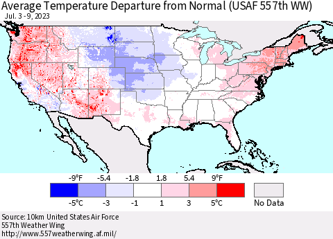United States Average Temperature Departure from Normal (USAF 557th WW) Thematic Map For 7/3/2023 - 7/9/2023