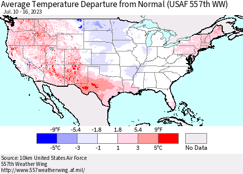 United States Average Temperature Departure from Normal (USAF 557th WW) Thematic Map For 7/10/2023 - 7/16/2023