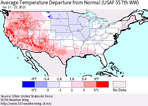 United States Average Temperature Departure from Normal (USAF 557th WW) Thematic Map For 7/17/2023 - 7/23/2023