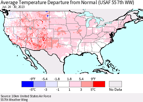 United States Average Temperature Departure from Normal (USAF 557th WW) Thematic Map For 7/24/2023 - 7/30/2023