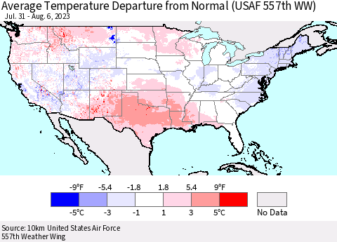 United States Average Temperature Departure from Normal (USAF 557th WW) Thematic Map For 7/31/2023 - 8/6/2023