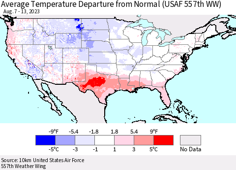 United States Average Temperature Departure from Normal (USAF 557th WW) Thematic Map For 8/7/2023 - 8/13/2023
