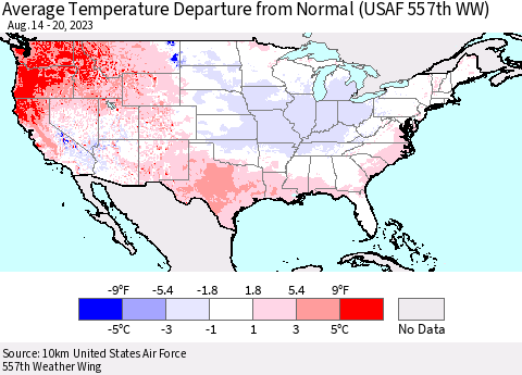 United States Average Temperature Departure from Normal (USAF 557th WW) Thematic Map For 8/14/2023 - 8/20/2023