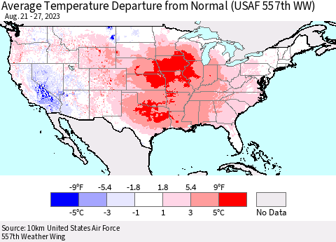 United States Average Temperature Departure from Normal (USAF 557th WW) Thematic Map For 8/21/2023 - 8/27/2023