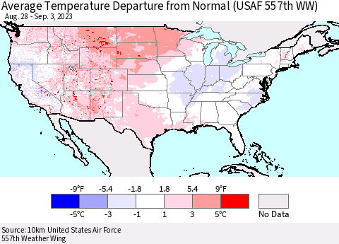 United States Average Temperature Departure from Normal (USAF 557th WW) Thematic Map For 8/28/2023 - 9/3/2023