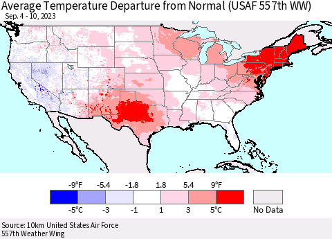 United States Average Temperature Departure from Normal (USAF 557th WW) Thematic Map For 9/4/2023 - 9/10/2023