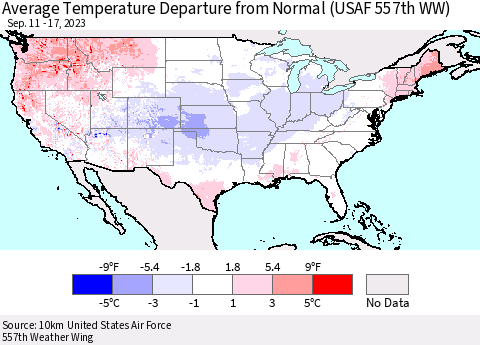 United States Average Temperature Departure from Normal (USAF 557th WW) Thematic Map For 9/11/2023 - 9/17/2023