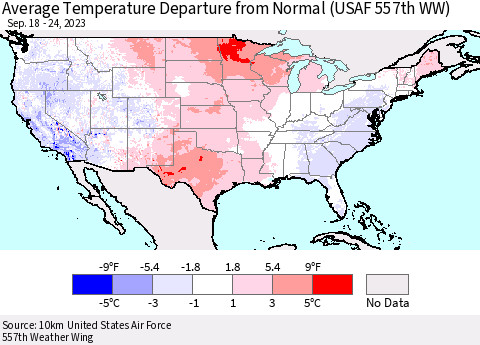 United States Average Temperature Departure from Normal (USAF 557th WW) Thematic Map For 9/18/2023 - 9/24/2023