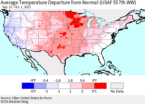 United States Average Temperature Departure from Normal (USAF 557th WW) Thematic Map For 9/25/2023 - 10/1/2023