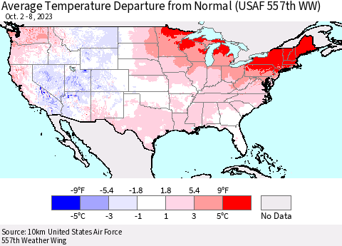 United States Average Temperature Departure from Normal (USAF 557th WW) Thematic Map For 10/2/2023 - 10/8/2023