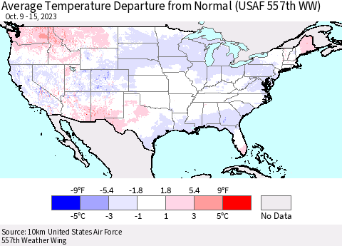 United States Average Temperature Departure from Normal (USAF 557th WW) Thematic Map For 10/9/2023 - 10/15/2023