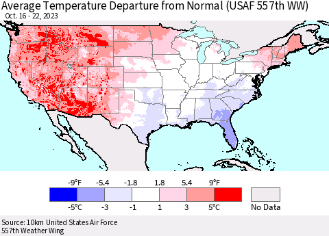 United States Average Temperature Departure from Normal (USAF 557th WW) Thematic Map For 10/16/2023 - 10/22/2023