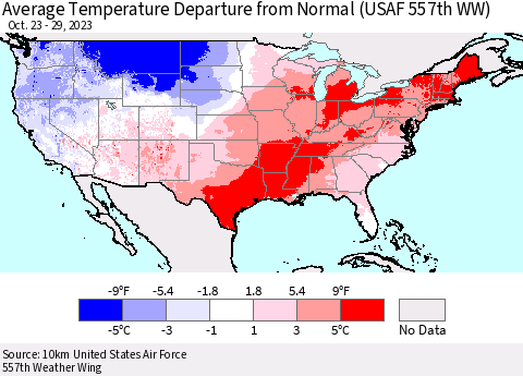 United States Average Temperature Departure from Normal (USAF 557th WW) Thematic Map For 10/23/2023 - 10/29/2023