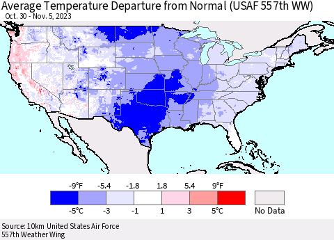 United States Average Temperature Departure from Normal (USAF 557th WW) Thematic Map For 10/30/2023 - 11/5/2023