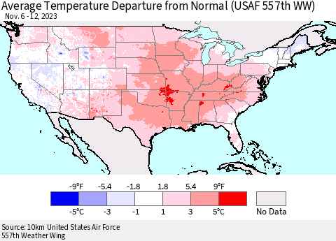 United States Average Temperature Departure from Normal (USAF 557th WW) Thematic Map For 11/6/2023 - 11/12/2023