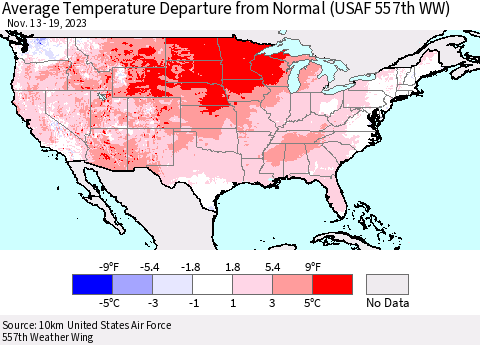 United States Average Temperature Departure from Normal (USAF 557th WW) Thematic Map For 11/13/2023 - 11/19/2023