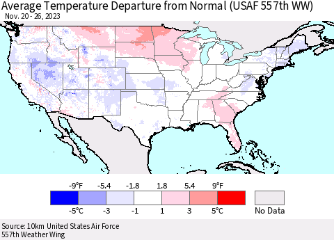 United States Average Temperature Departure from Normal (USAF 557th WW) Thematic Map For 11/20/2023 - 11/26/2023