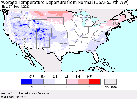 United States Average Temperature Departure from Normal (USAF 557th WW) Thematic Map For 11/27/2023 - 12/3/2023