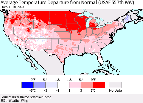 United States Average Temperature Departure from Normal (USAF 557th WW) Thematic Map For 12/4/2023 - 12/10/2023
