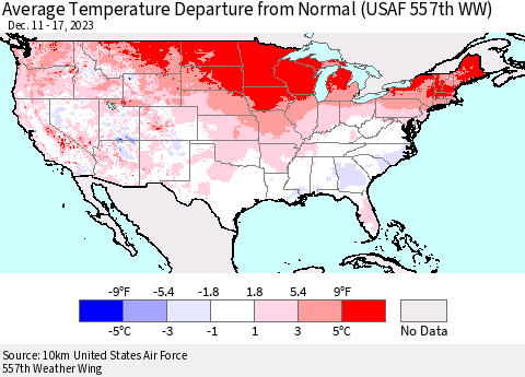 United States Average Temperature Departure from Normal (USAF 557th WW) Thematic Map For 12/11/2023 - 12/17/2023