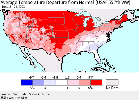 United States Average Temperature Departure from Normal (USAF 557th WW) Thematic Map For 12/18/2023 - 12/24/2023