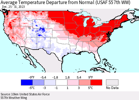 United States Average Temperature Departure from Normal (USAF 557th WW) Thematic Map For 12/25/2023 - 12/31/2023