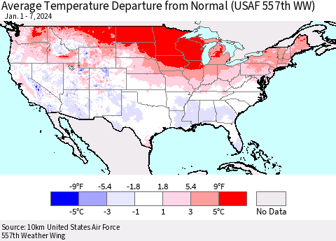 United States Average Temperature Departure from Normal (USAF 557th WW) Thematic Map For 1/1/2024 - 1/7/2024