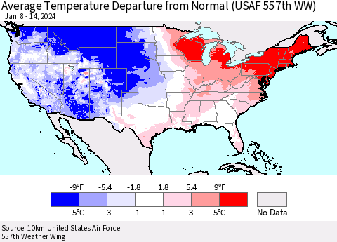 United States Average Temperature Departure from Normal (USAF 557th WW) Thematic Map For 1/8/2024 - 1/14/2024