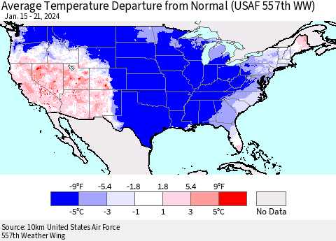 United States Average Temperature Departure from Normal (USAF 557th WW) Thematic Map For 1/15/2024 - 1/21/2024