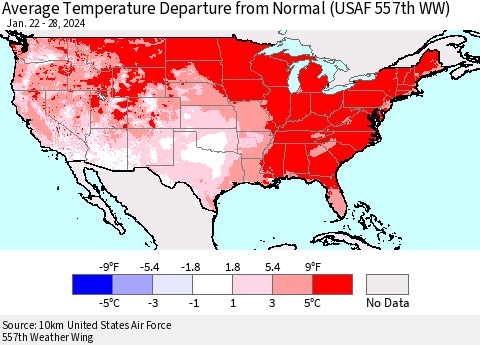 United States Average Temperature Departure from Normal (USAF 557th WW) Thematic Map For 1/22/2024 - 1/28/2024