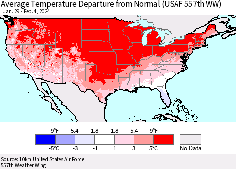 United States Average Temperature Departure from Normal (USAF 557th WW) Thematic Map For 1/29/2024 - 2/4/2024