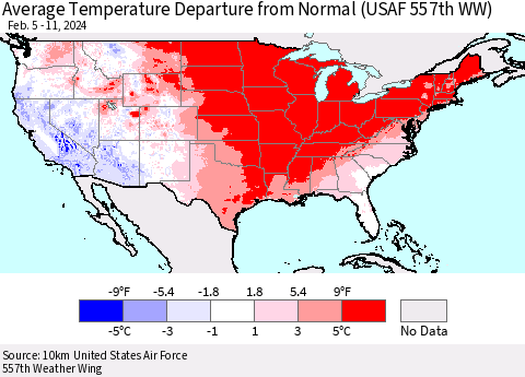 United States Average Temperature Departure from Normal (USAF 557th WW) Thematic Map For 2/5/2024 - 2/11/2024