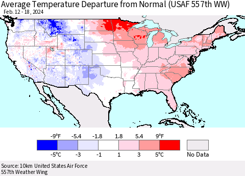 United States Average Temperature Departure from Normal (USAF 557th WW) Thematic Map For 2/12/2024 - 2/18/2024
