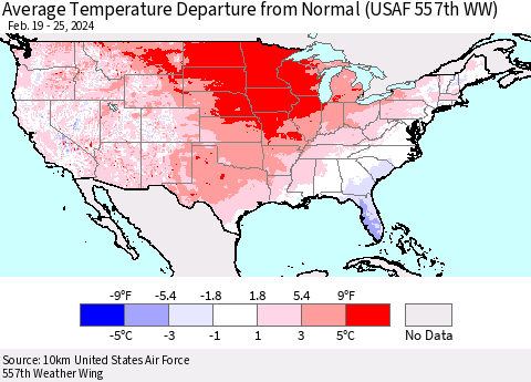 United States Average Temperature Departure from Normal (USAF 557th WW) Thematic Map For 2/19/2024 - 2/25/2024