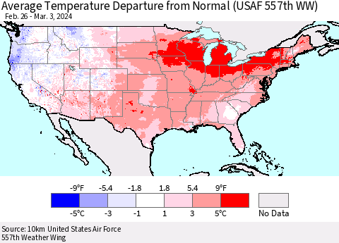 United States Average Temperature Departure from Normal (USAF 557th WW) Thematic Map For 2/26/2024 - 3/3/2024