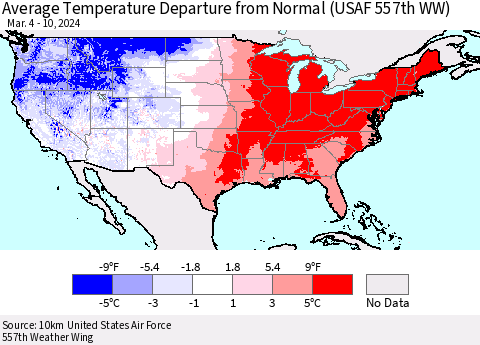 United States Average Temperature Departure from Normal (USAF 557th WW) Thematic Map For 3/4/2024 - 3/10/2024