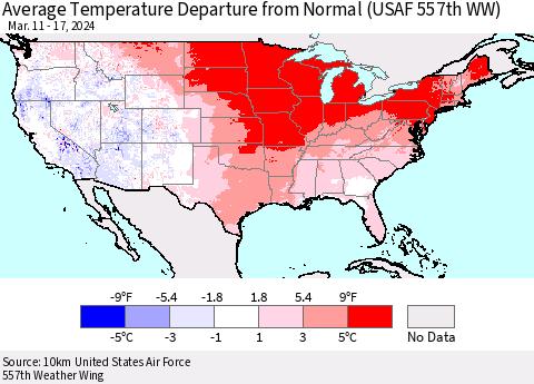 United States Average Temperature Departure from Normal (USAF 557th WW) Thematic Map For 3/11/2024 - 3/17/2024