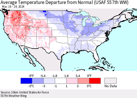 United States Average Temperature Departure from Normal (USAF 557th WW) Thematic Map For 3/18/2024 - 3/24/2024