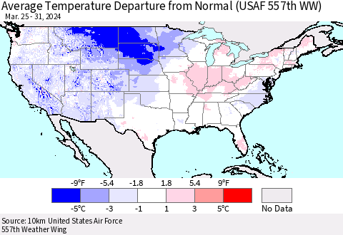 United States Average Temperature Departure from Normal (USAF 557th WW) Thematic Map For 3/25/2024 - 3/31/2024
