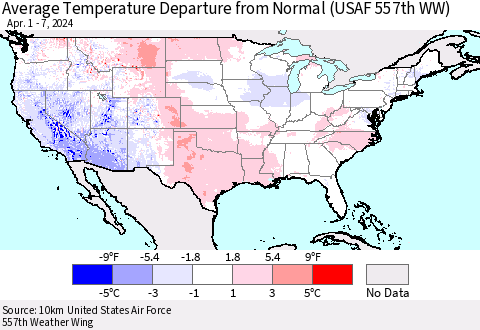 United States Average Temperature Departure from Normal (USAF 557th WW) Thematic Map For 4/1/2024 - 4/7/2024