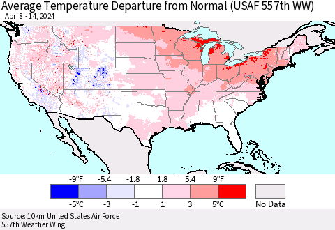 United States Average Temperature Departure from Normal (USAF 557th WW) Thematic Map For 4/8/2024 - 4/14/2024