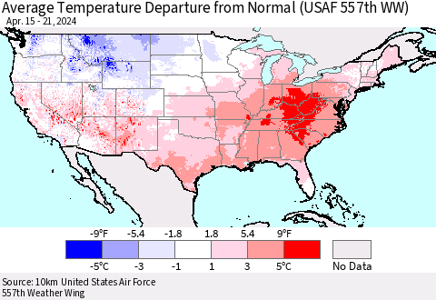 United States Average Temperature Departure from Normal (USAF 557th WW) Thematic Map For 4/15/2024 - 4/21/2024