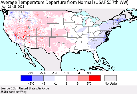 United States Average Temperature Departure from Normal (USAF 557th WW) Thematic Map For 4/22/2024 - 4/28/2024