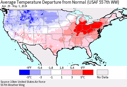 United States Average Temperature Departure from Normal (USAF 557th WW) Thematic Map For 4/29/2024 - 5/5/2024