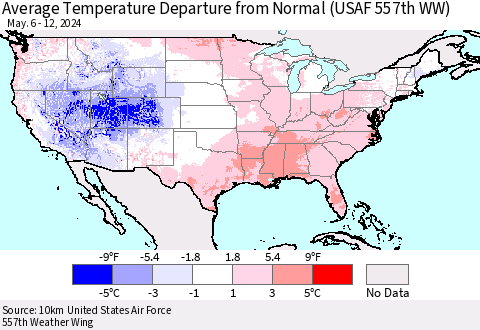 United States Average Temperature Departure from Normal (USAF 557th WW) Thematic Map For 5/6/2024 - 5/12/2024