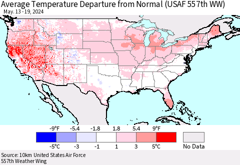 United States Average Temperature Departure from Normal (USAF 557th WW) Thematic Map For 5/13/2024 - 5/19/2024