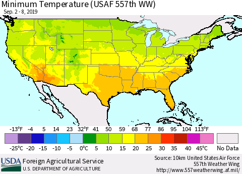 United States Mean Minimum Temperature (USAF 557th WW) Thematic Map For 9/2/2019 - 9/8/2019