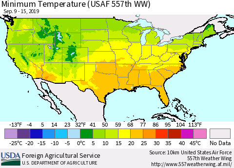 United States Mean Minimum Temperature (USAF 557th WW) Thematic Map For 9/9/2019 - 9/15/2019